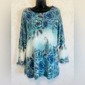 Ruby Rd. Women's Blue Green Floral 3/4 Sleeve Pullover Sweater Size Medium